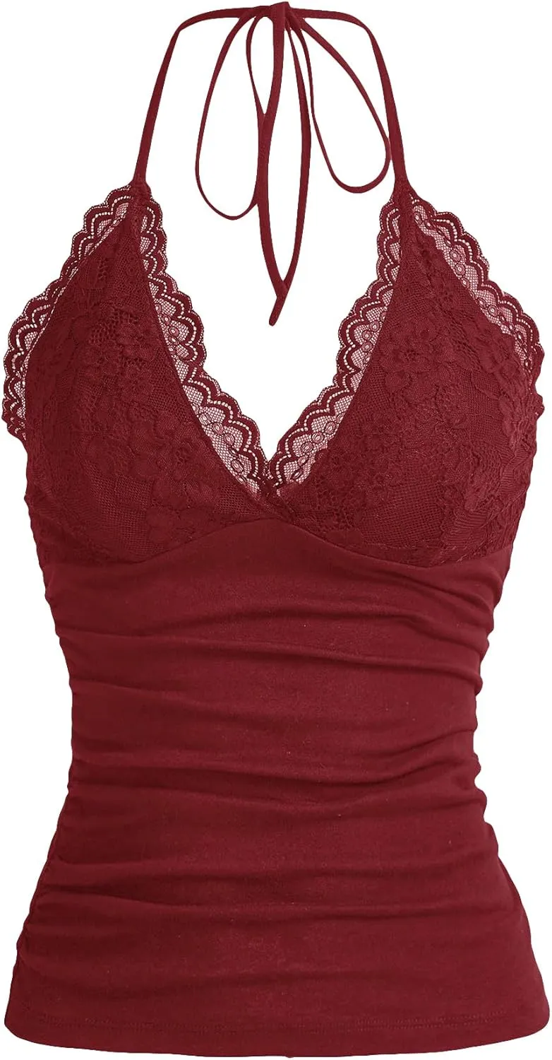 MakeMeChic Women's Halter Top Y2K Lace V Neck Ruched Low Cut Halter Tank Tops Camisole Tops