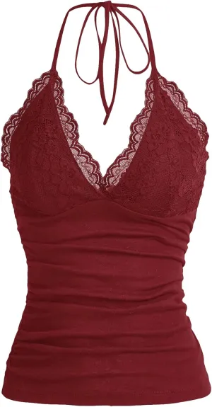 MakeMeChic Women's Halter Top Y2K Lace V Neck Ruched Low Cut Halter Tank Tops Camisole Tops