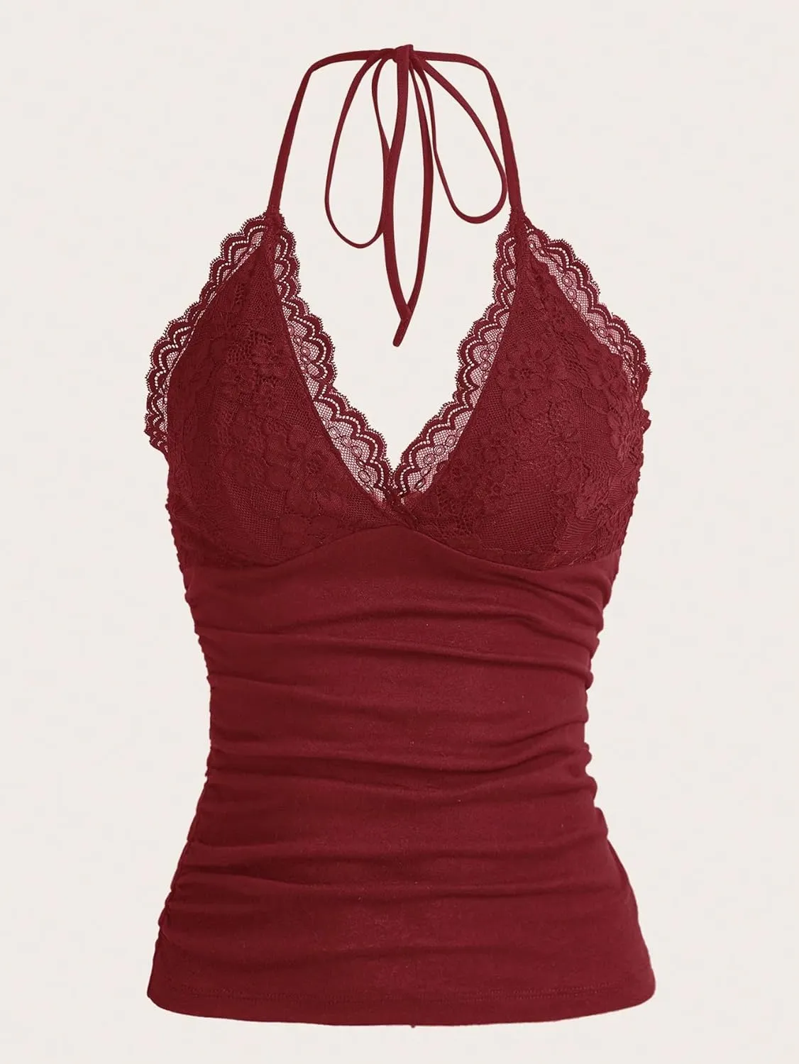 MakeMeChic Women's Halter Top Y2K Lace V Neck Ruched Low Cut Halter Tank Tops Camisole Tops