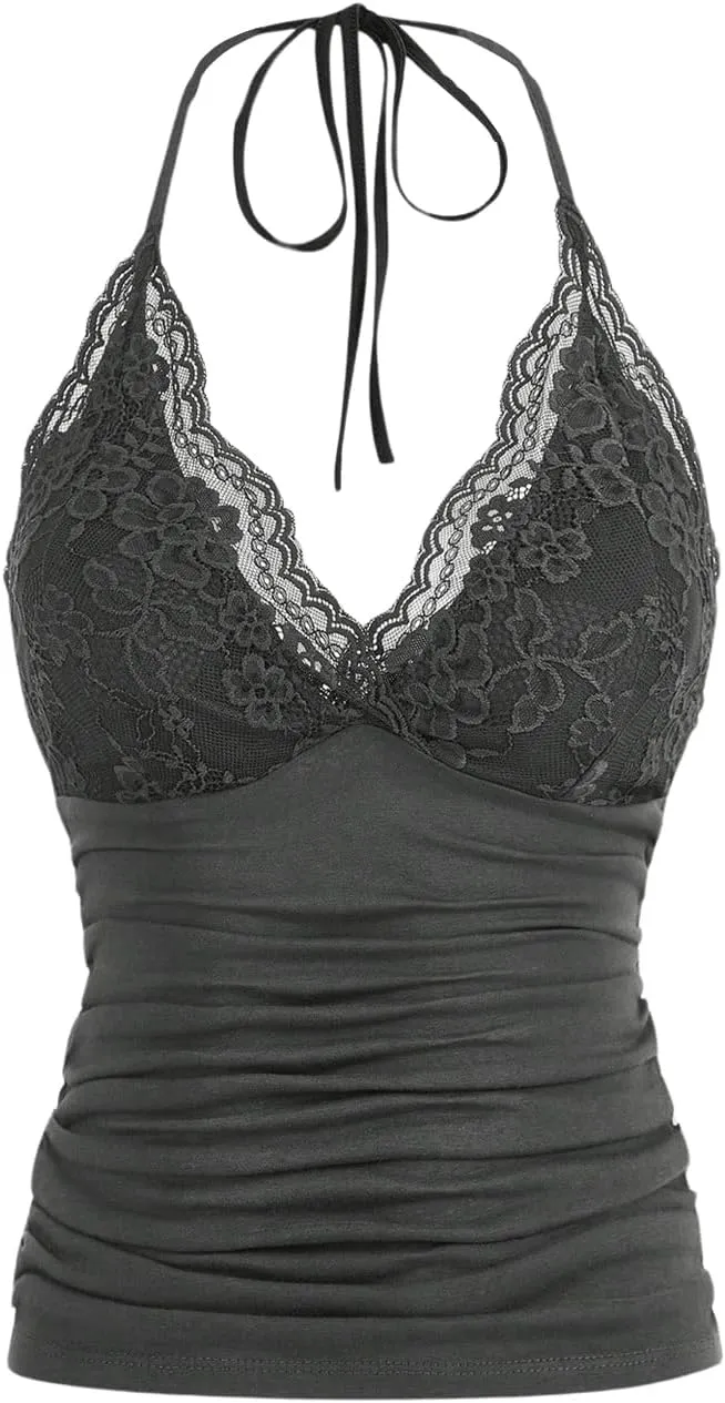 MakeMeChic Women's Halter Top Y2K Lace V Neck Ruched Low Cut Halter Tank Tops Camisole Tops