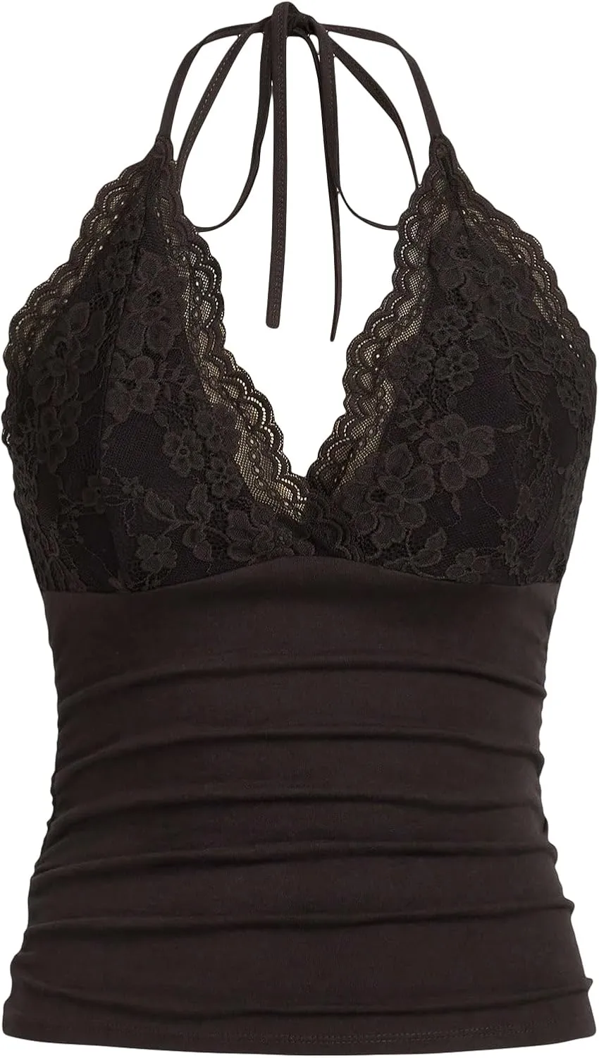 MakeMeChic Women's Halter Top Y2K Lace V Neck Ruched Low Cut Halter Tank Tops Camisole Tops