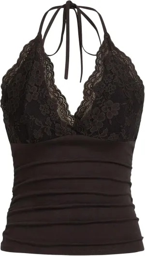 MakeMeChic Women's Halter Top Y2K Lace V Neck Ruched Low Cut Halter Tank Tops Camisole Tops