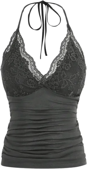MakeMeChic Women's Halter Top Y2K Lace V Neck Ruched Low Cut Halter Tank Tops Camisole Tops