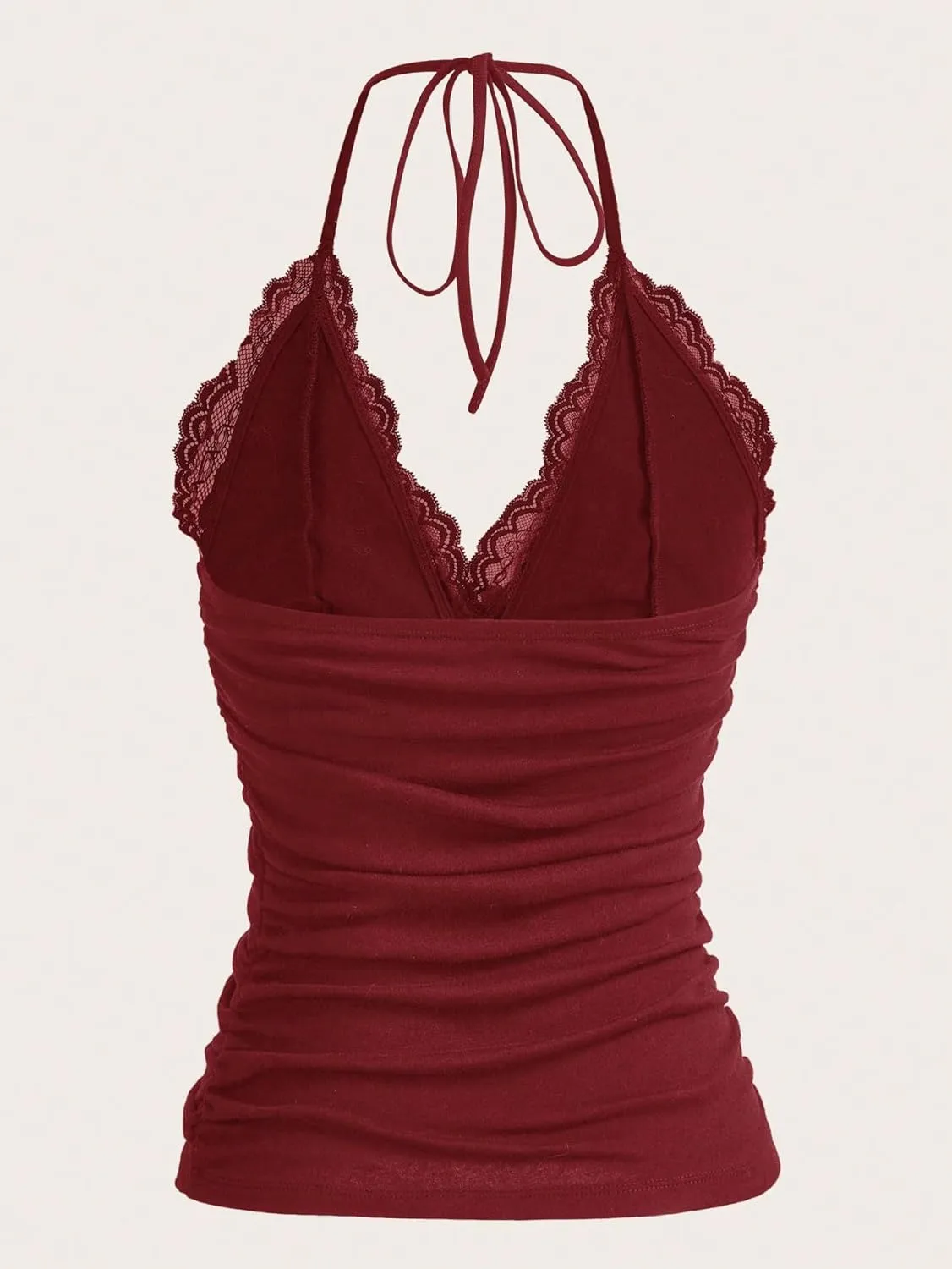 MakeMeChic Women's Halter Top Y2K Lace V Neck Ruched Low Cut Halter Tank Tops Camisole Tops