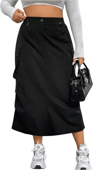 MakeMeChic Women's Plus Size Cargo Skirt Elastic Waist Ruched Button Front Y2K Cargo Long Skirts with Pockets