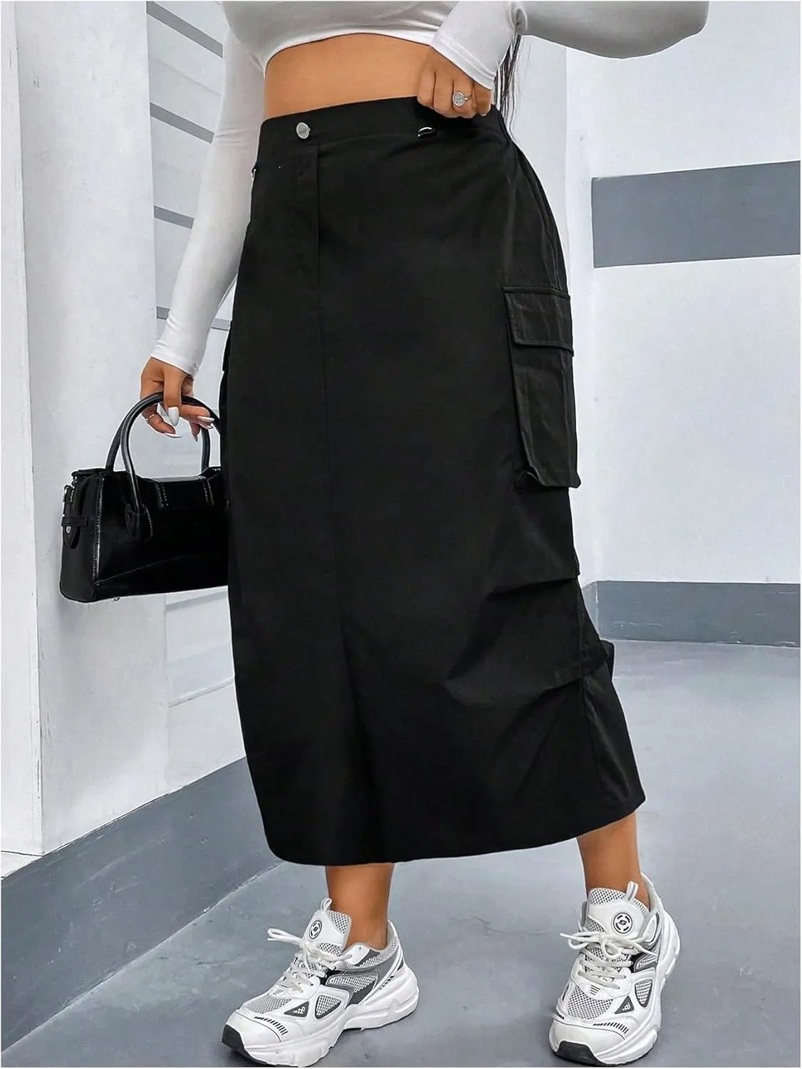 MakeMeChic Women's Plus Size Cargo Skirt Elastic Waist Ruched Button Front Y2K Cargo Long Skirts with Pockets