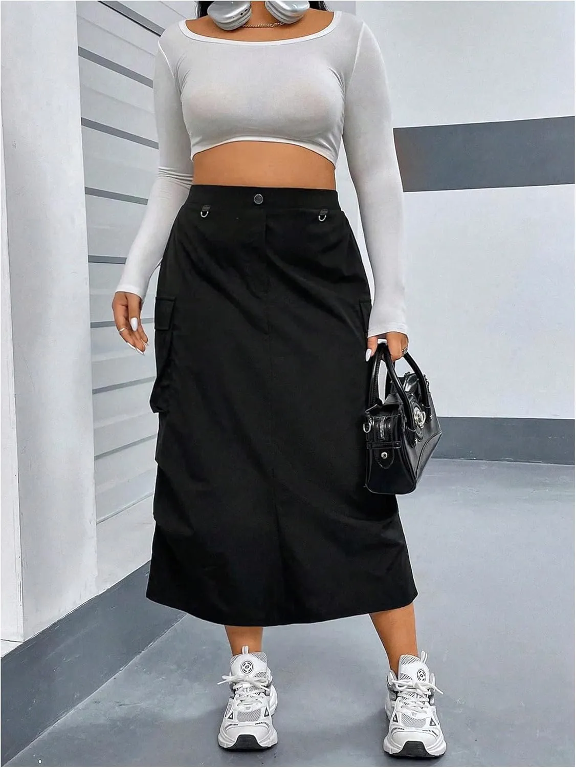 MakeMeChic Women's Plus Size Cargo Skirt Elastic Waist Ruched Button Front Y2K Cargo Long Skirts with Pockets
