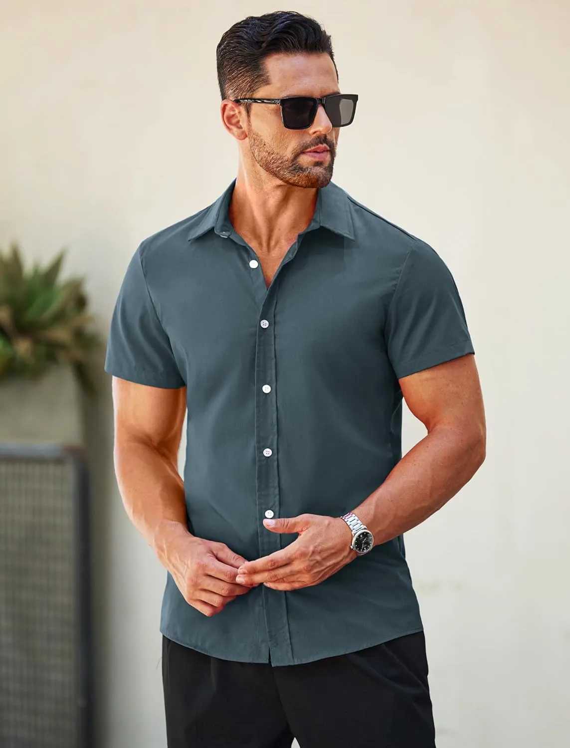 MAPICK Mens Button Down Slim Fit Dress Shirt Short Sleeve Button Down Shirts Summer Business Casual Work Shirts