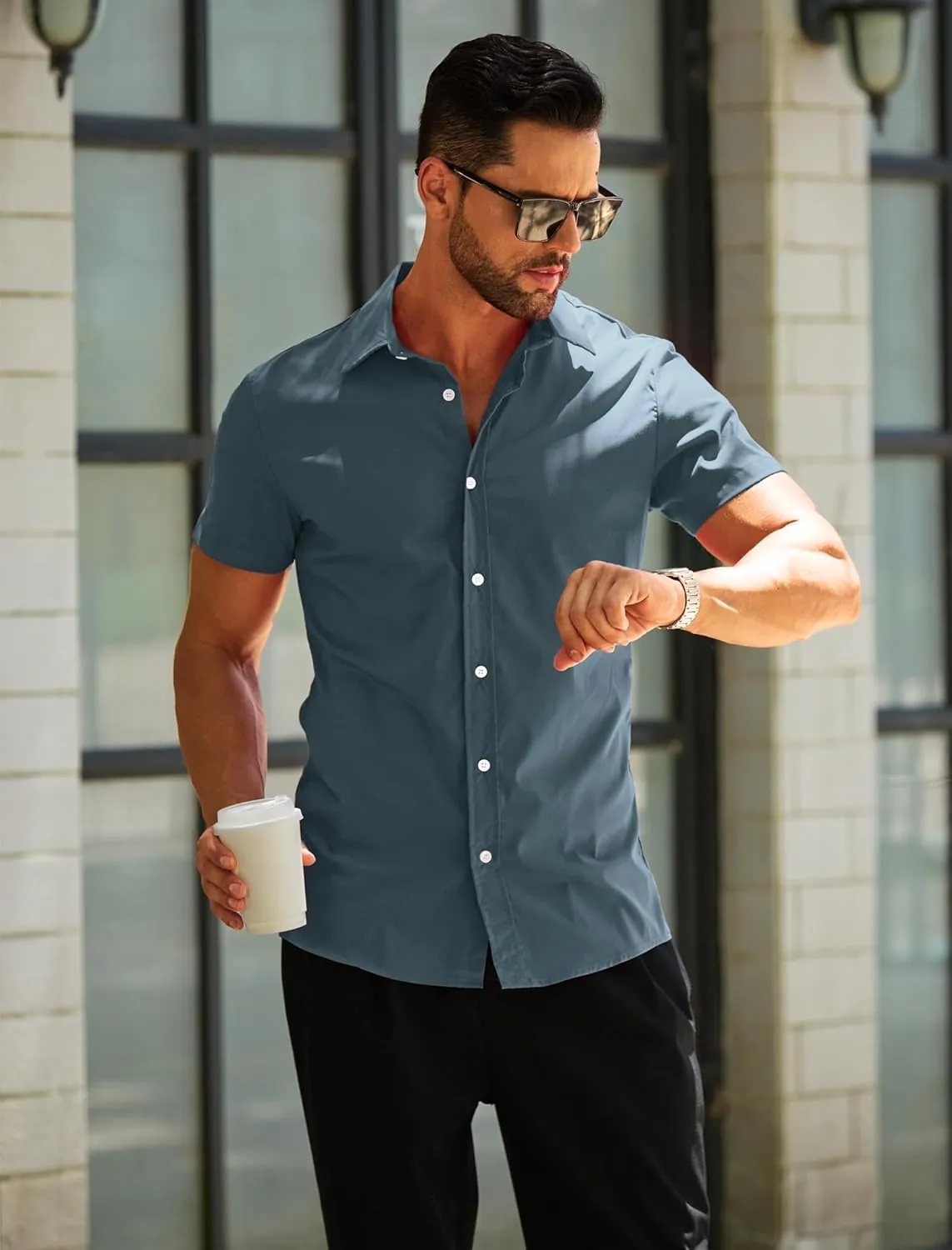 MAPICK Mens Button Down Slim Fit Dress Shirt Short Sleeve Button Down Shirts Summer Business Casual Work Shirts