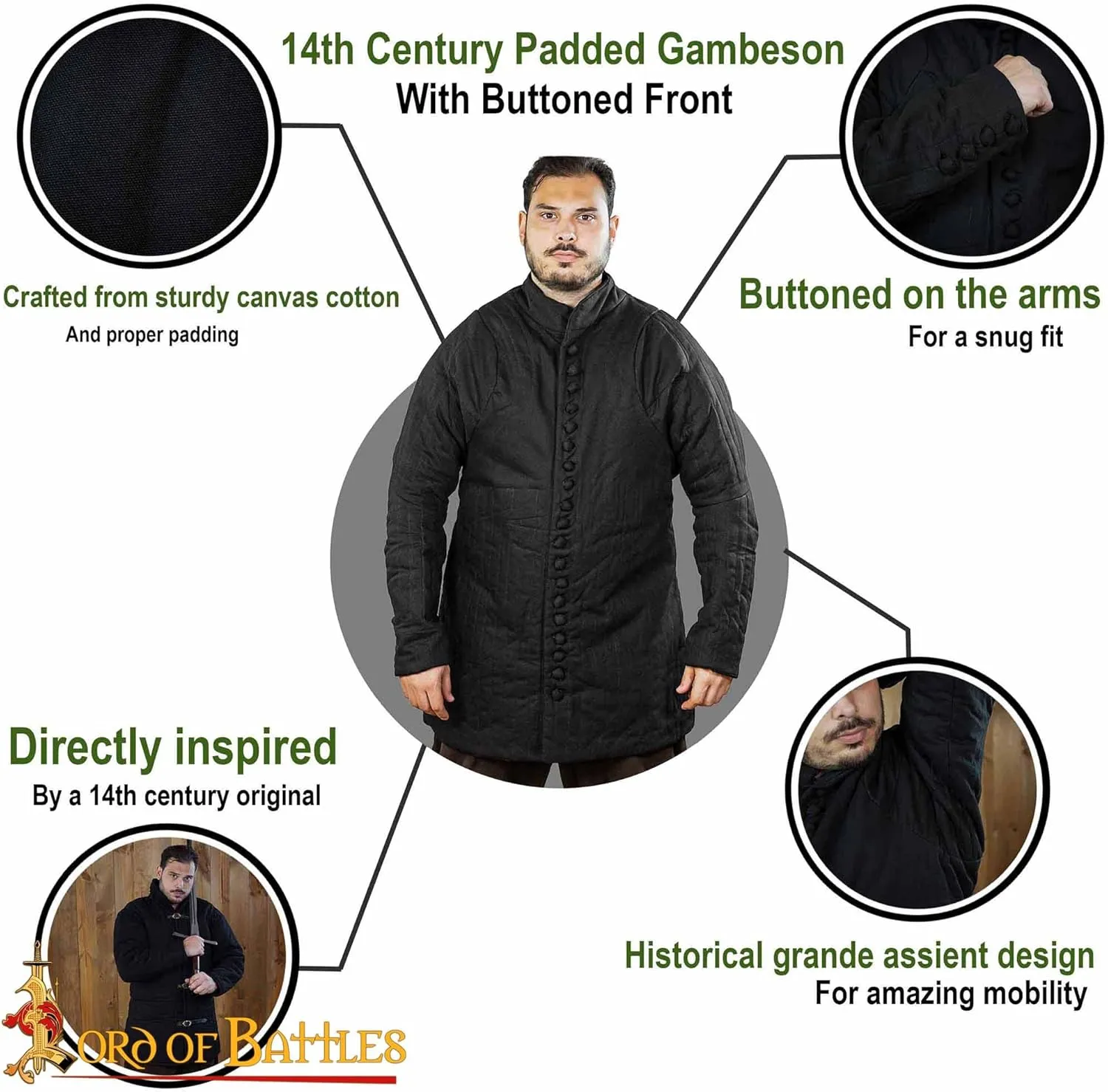 Medieval Gambeson Real Armor Quilted Gambeson with Buttoned Thick Padded Coat Canvas Cotton with Three Layers of Padding