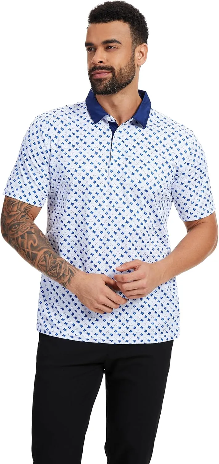 Men Golf Polo Shirts Short Sleeve Casual Print Dry Fit Moisture Wicking Performance Collared Golf Shirts for Men