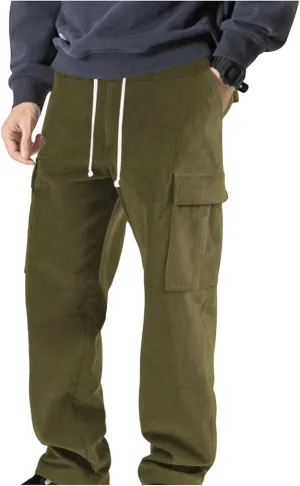 Men's Casual Corduroy Pants Drawstring Waist Straight Leg Cargo Pants with Pockets