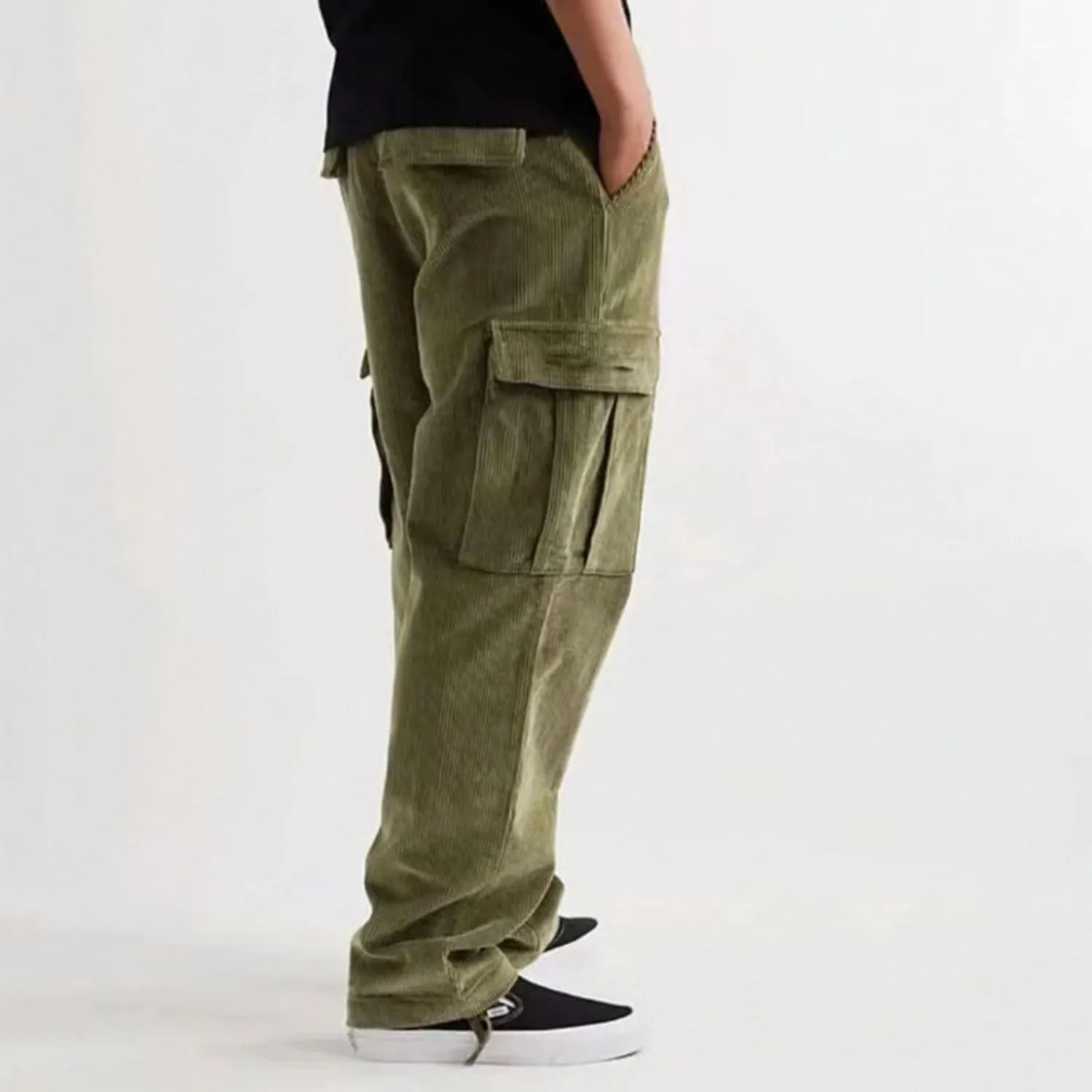 Men's Casual Corduroy Pants Drawstring Waist Straight Leg Cargo Pants with Pockets
