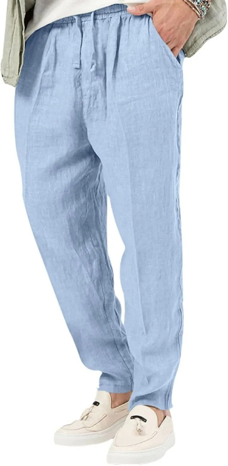 Mens Casual Lightweight Linen Pants Elastic Waist Drawstring Trousers Summer Beach Yoga Pants
