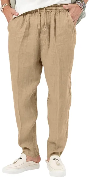 Mens Casual Lightweight Linen Pants Elastic Waist Drawstring Trousers Summer Beach Yoga Pants