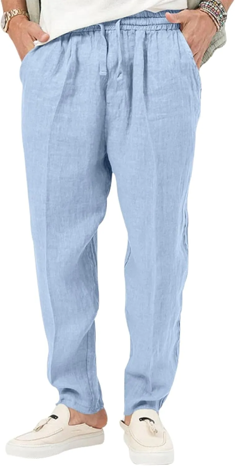Mens Casual Lightweight Linen Pants Elastic Waist Drawstring Trousers Summer Beach Yoga Pants