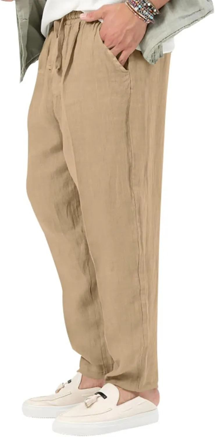 Mens Casual Lightweight Linen Pants Elastic Waist Drawstring Trousers Summer Beach Yoga Pants