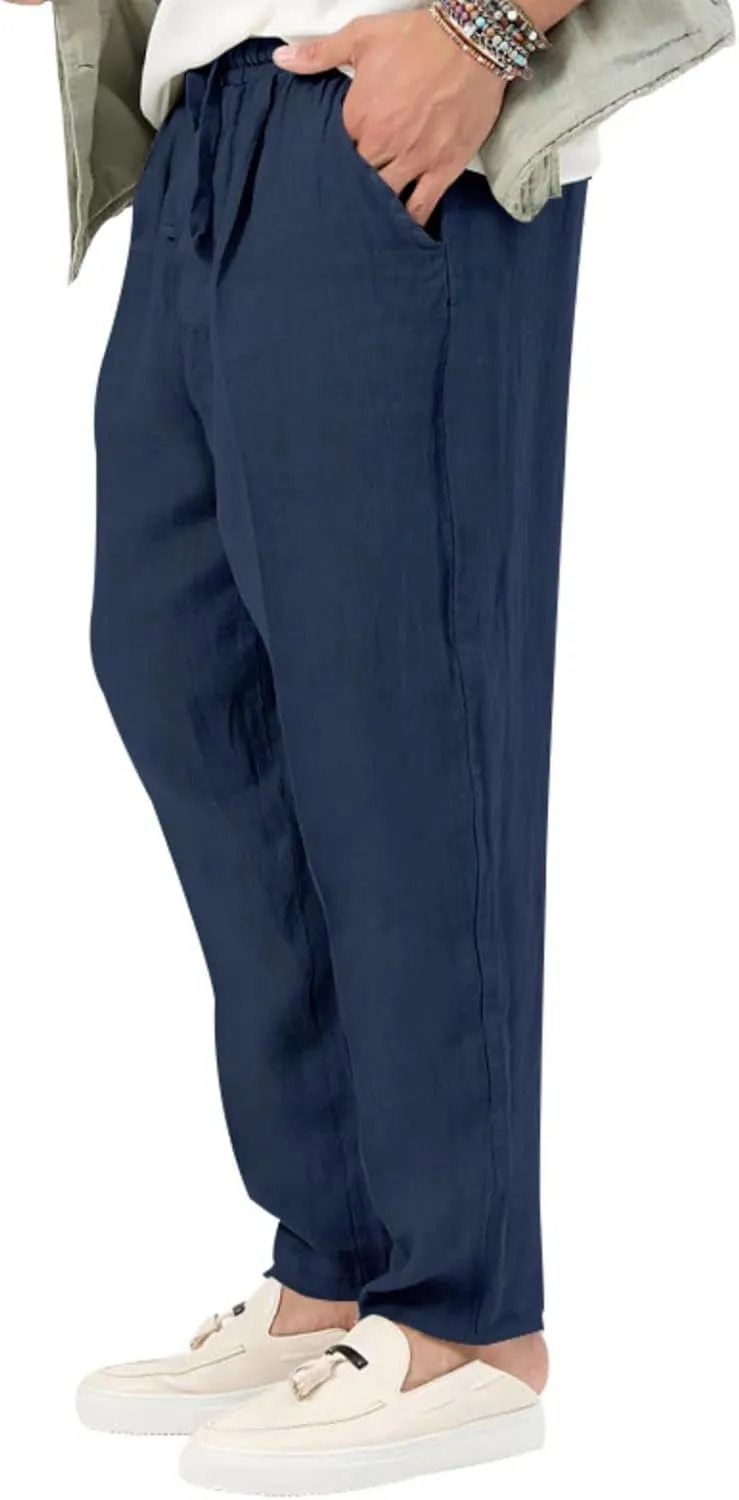 Mens Casual Lightweight Linen Pants Elastic Waist Drawstring Trousers Summer Beach Yoga Pants