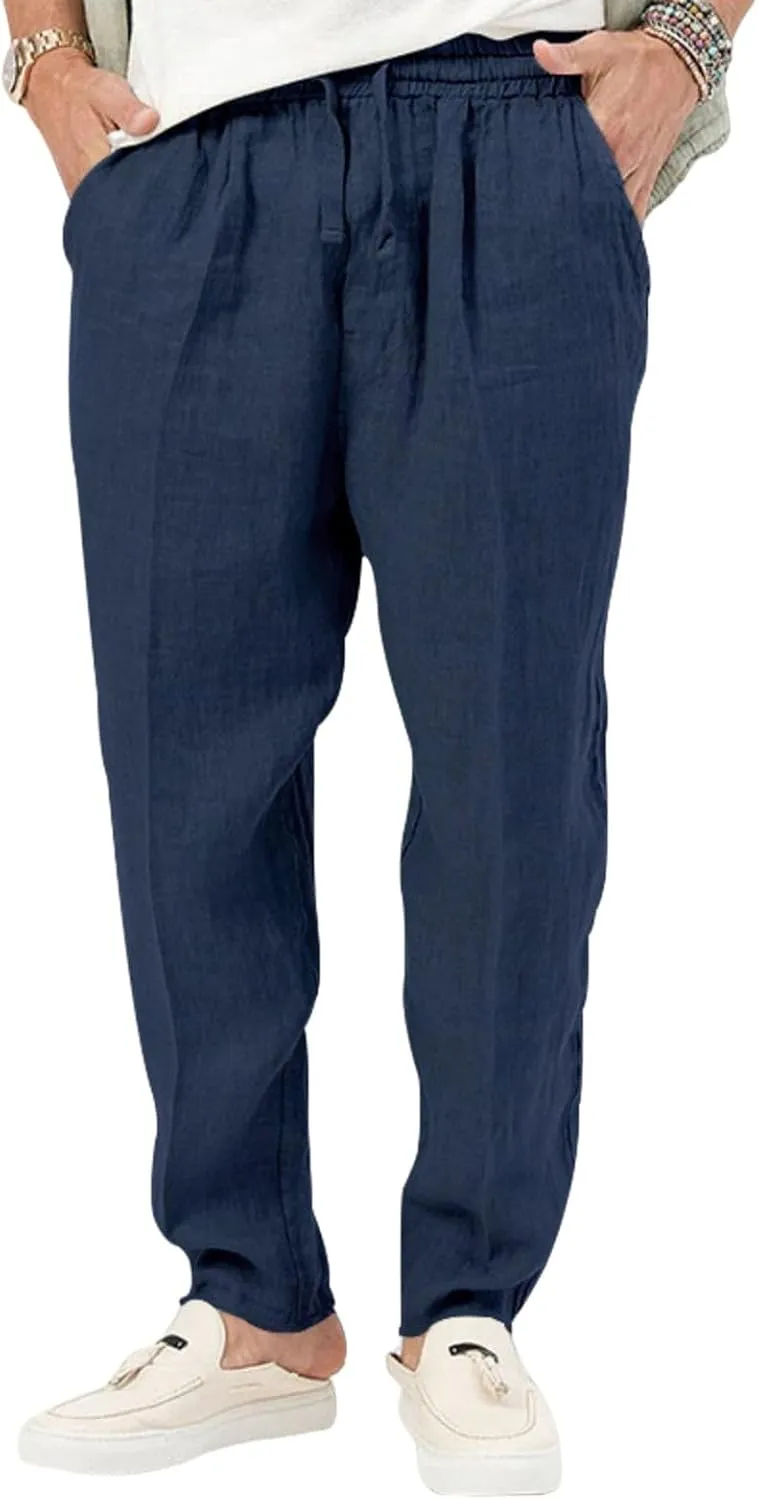 Mens Casual Lightweight Linen Pants Elastic Waist Drawstring Trousers Summer Beach Yoga Pants
