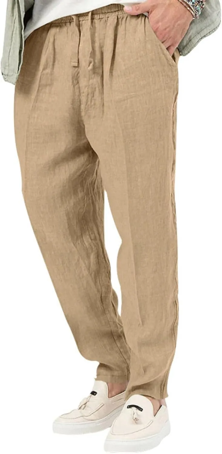 Mens Casual Lightweight Linen Pants Elastic Waist Drawstring Trousers Summer Beach Yoga Pants