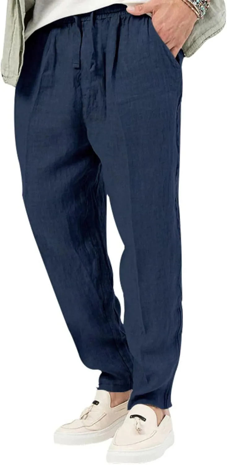 Mens Casual Lightweight Linen Pants Elastic Waist Drawstring Trousers Summer Beach Yoga Pants