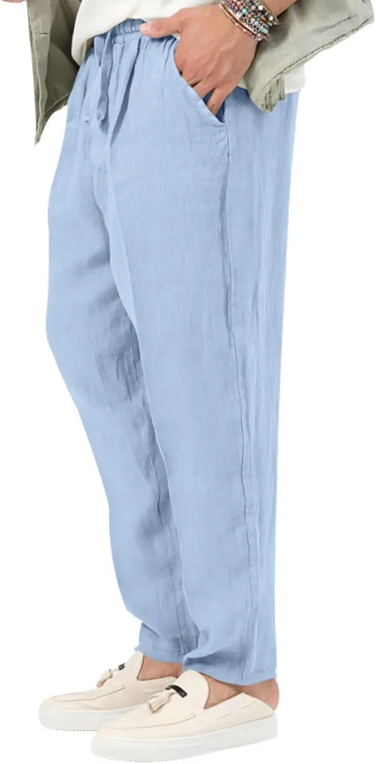 Mens Casual Lightweight Linen Pants Elastic Waist Drawstring Trousers Summer Beach Yoga Pants