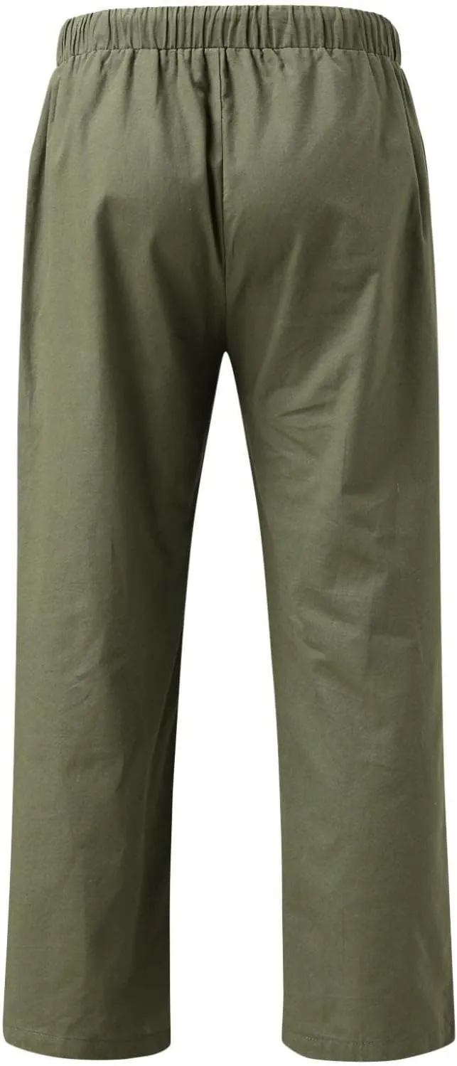 Mens Casual Linen Loose Fit Lightweight Pants Drawstring Summer Beach Yoga Pants Long Trousers