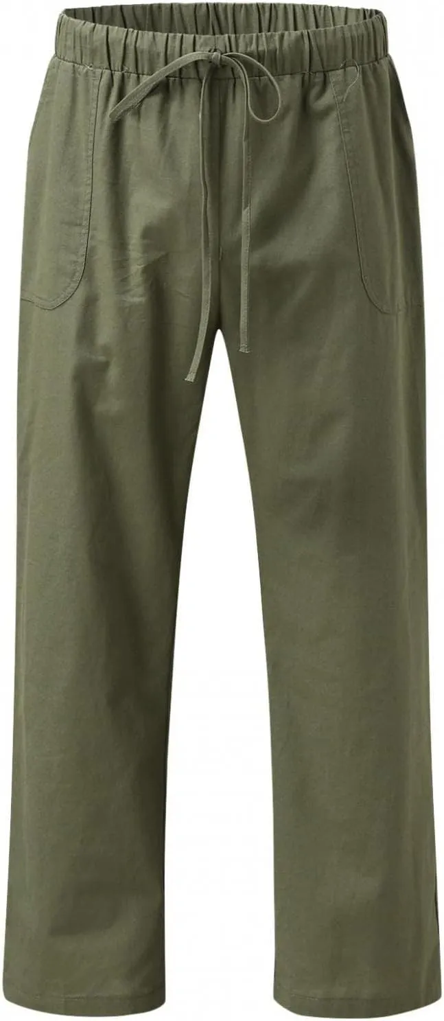 Mens Casual Linen Loose Fit Lightweight Pants Drawstring Summer Beach Yoga Pants Long Trousers