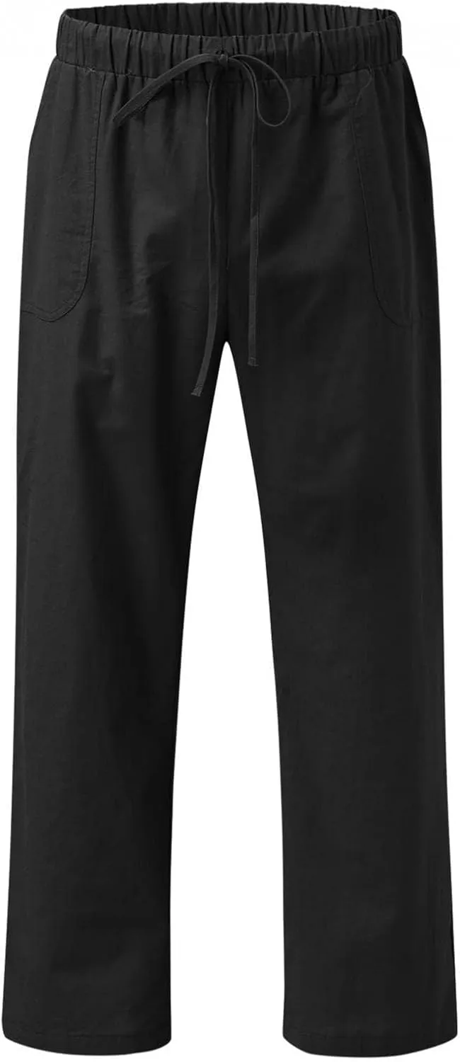 Mens Casual Linen Loose Fit Lightweight Pants Drawstring Summer Beach Yoga Pants Long Trousers