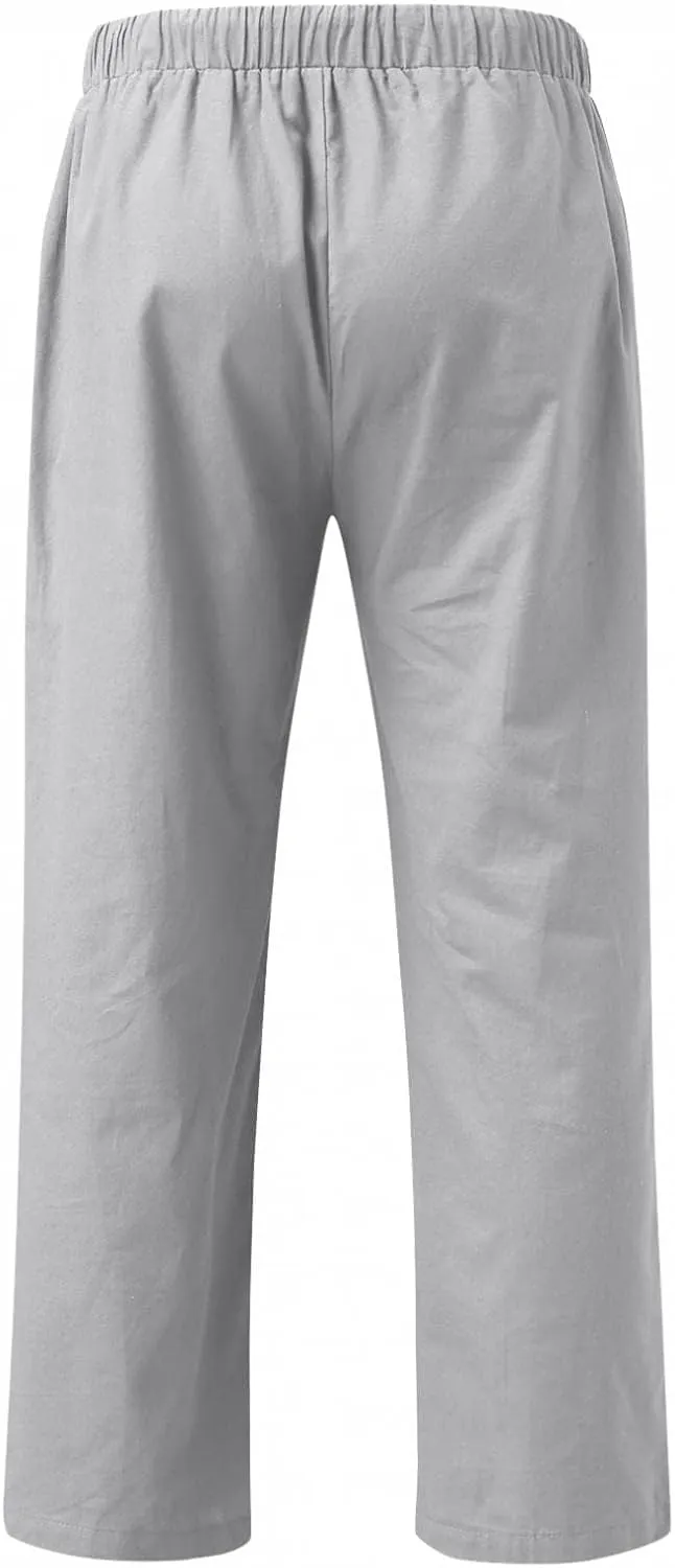 Mens Casual Linen Loose Fit Lightweight Pants Drawstring Summer Beach Yoga Pants Long Trousers