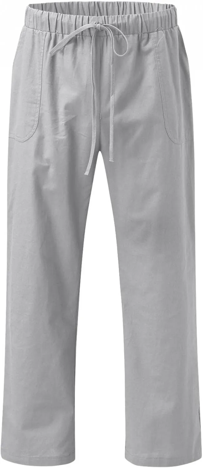 Mens Casual Linen Loose Fit Lightweight Pants Drawstring Summer Beach Yoga Pants Long Trousers