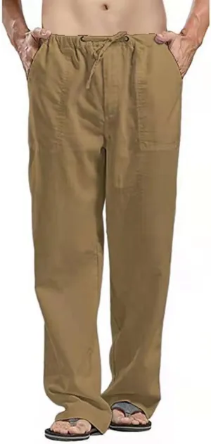 Men's Casual Loose Fit Pants Lightweight Straight-Legs Stretchy Waist Beach Pants with Pockets