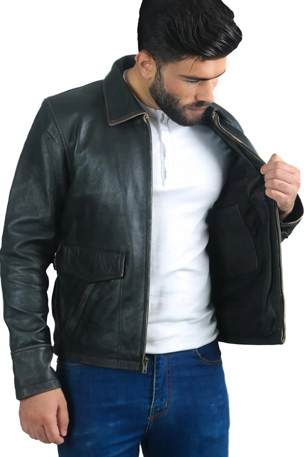 Mens Leather Jacket Black | Real Leather Biker Jacket With Distressed Exterior | Motorcycle Clothing in Vintage Styling