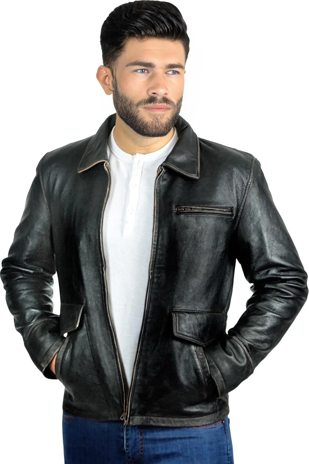Mens Leather Jacket Black | Real Leather Biker Jacket With Distressed Exterior | Motorcycle Clothing in Vintage Styling