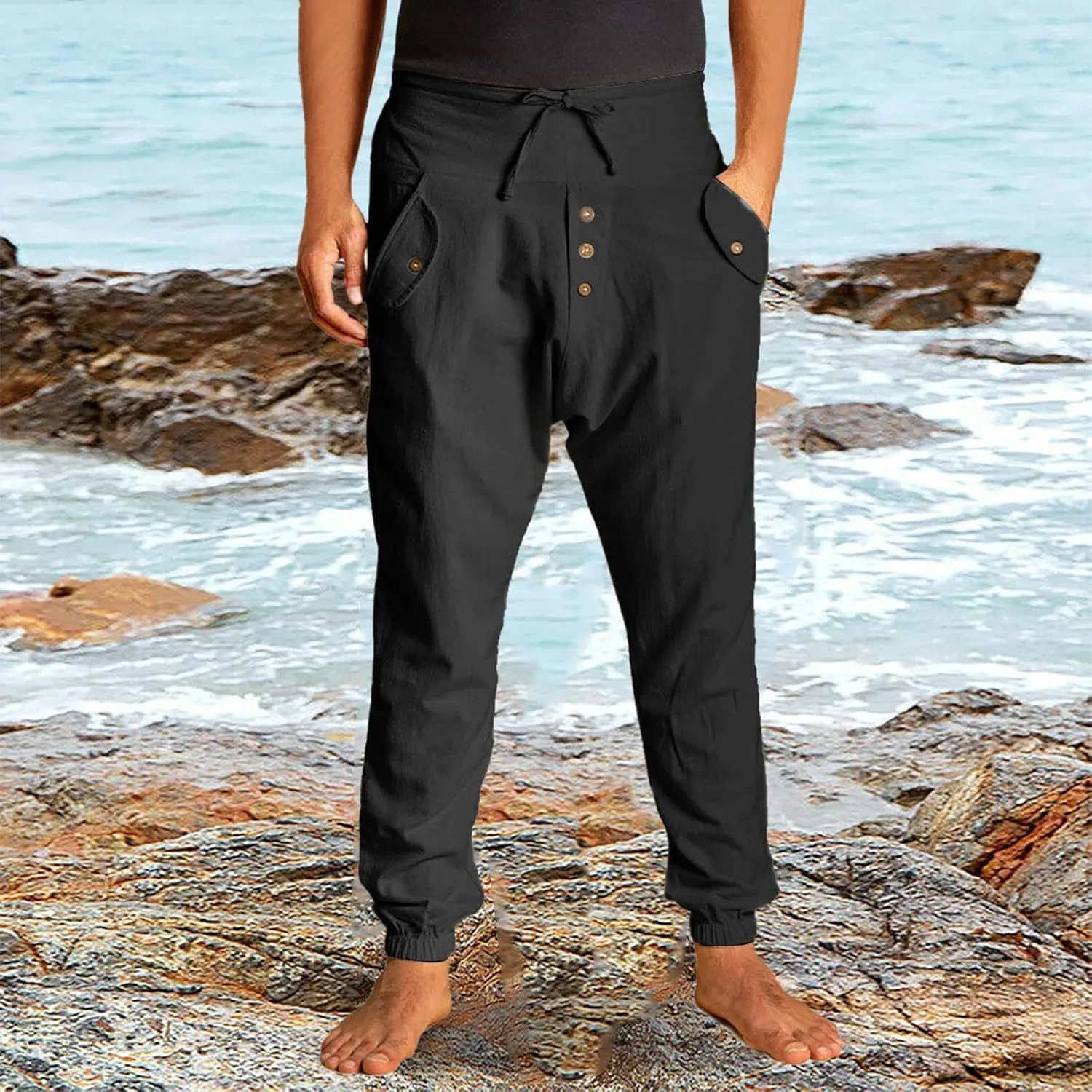 Mens Lightweight Casual Jogger Comfy Harem Slim Fit Adjustable Pants High Waist Joggers