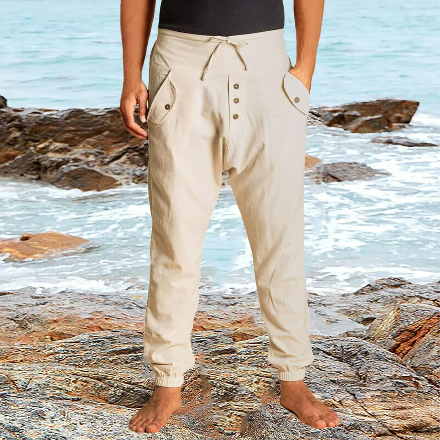 Mens Lightweight Casual Jogger Comfy Harem Slim Fit Adjustable Pants High Waist Joggers