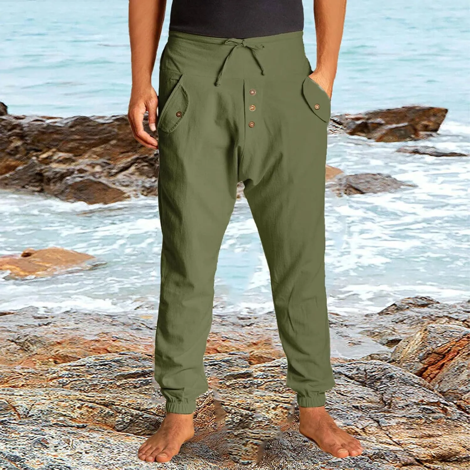 Mens Lightweight Casual Jogger Comfy Harem Slim Fit Adjustable Pants High Waist Joggers