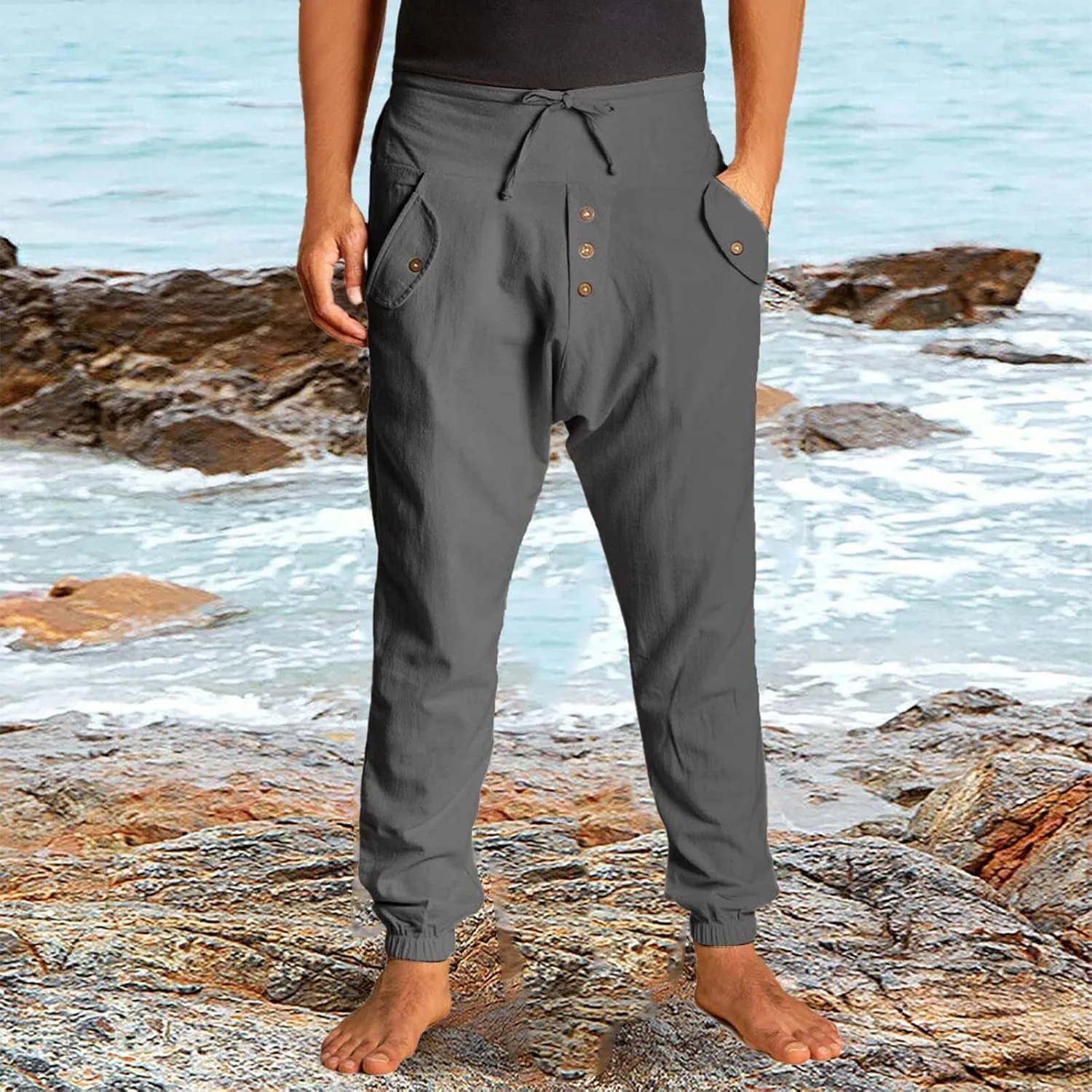 Mens Lightweight Casual Jogger Comfy Harem Slim Fit Adjustable Pants High Waist Joggers