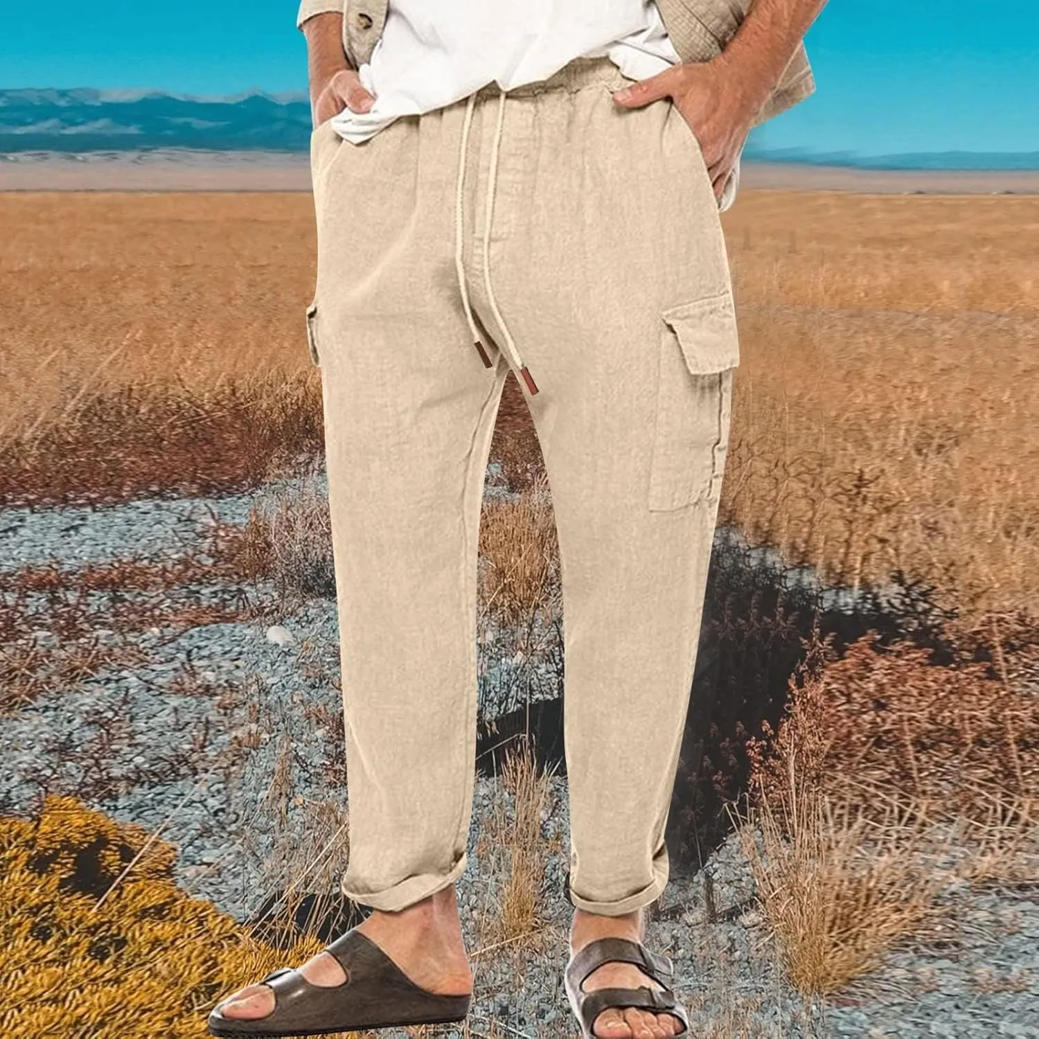 Mens Lightweight Linen Pants Casual Golf Trousers Pockets Stretch Elastic Waist Outdoor Hiking Sweatpants