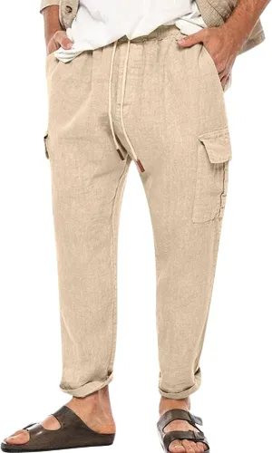 Mens Lightweight Linen Pants Casual Golf Trousers Pockets Stretch Elastic Waist Outdoor Hiking Sweatpants