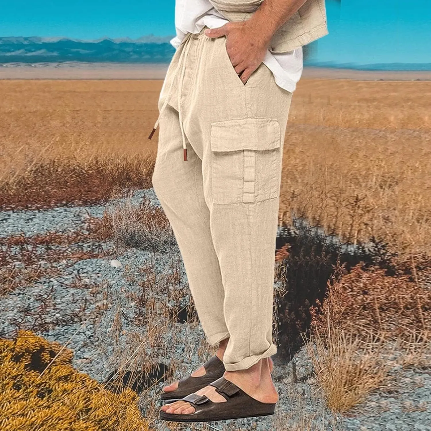 Mens Lightweight Linen Pants Casual Golf Trousers Pockets Stretch Elastic Waist Outdoor Hiking Sweatpants