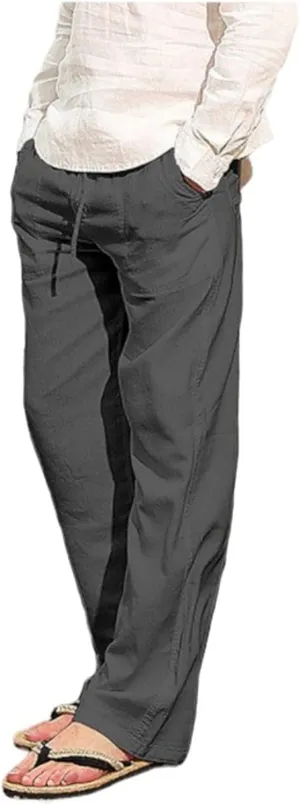 Mens Linen Drawstring Pants Summer Beach Lightweight Elastic Waist Casual Jogger Yoga Pants