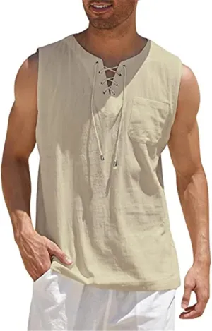 Men's Linen Tank Tops Summer Casual Sleeveless Shirts Lace Up Beach Hippie Tops Bohemian Tunic