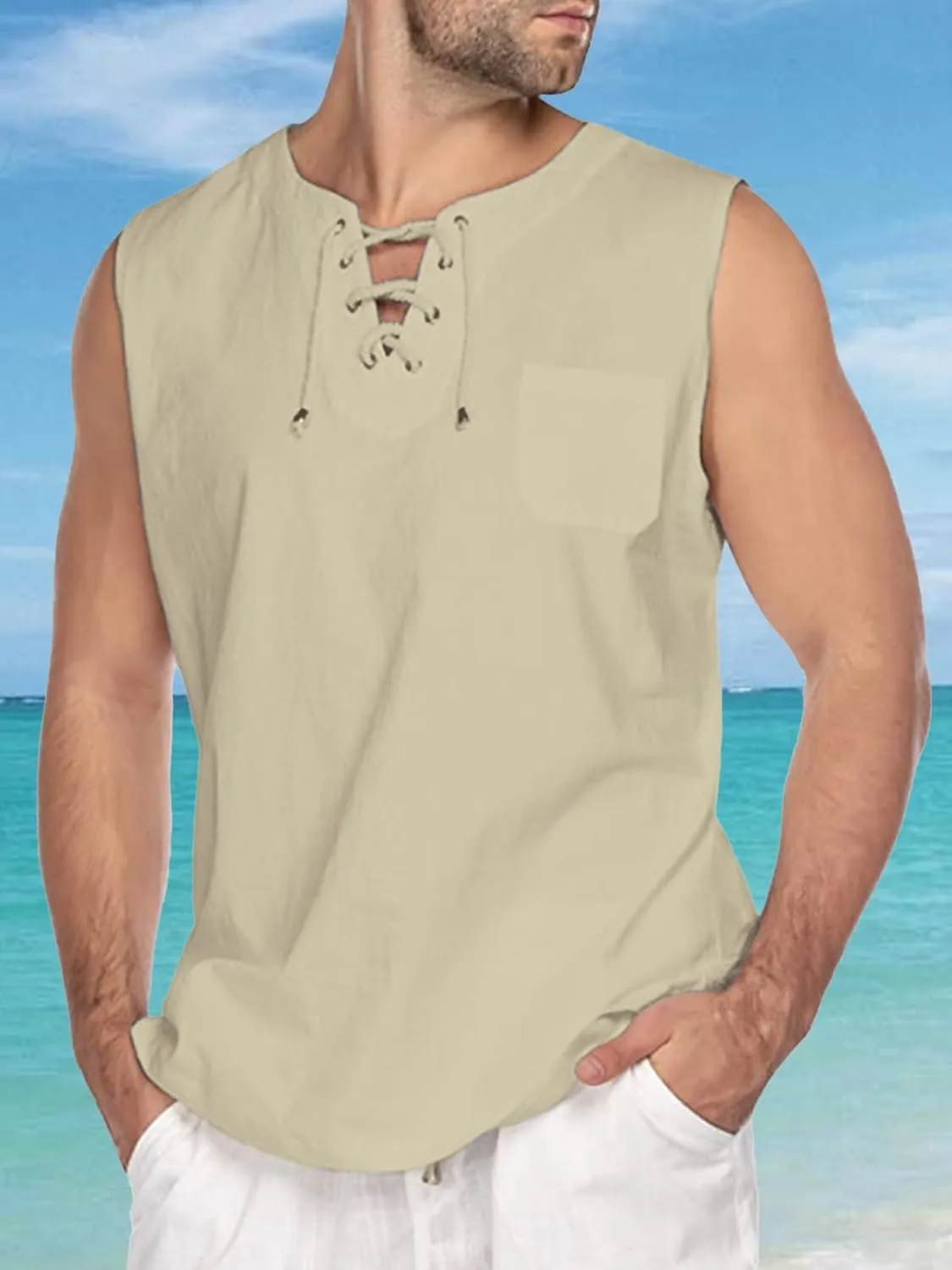 Men's Linen Tank Tops Summer Casual Sleeveless Shirts Lace Up Beach Hippie Tops Bohemian Tunic