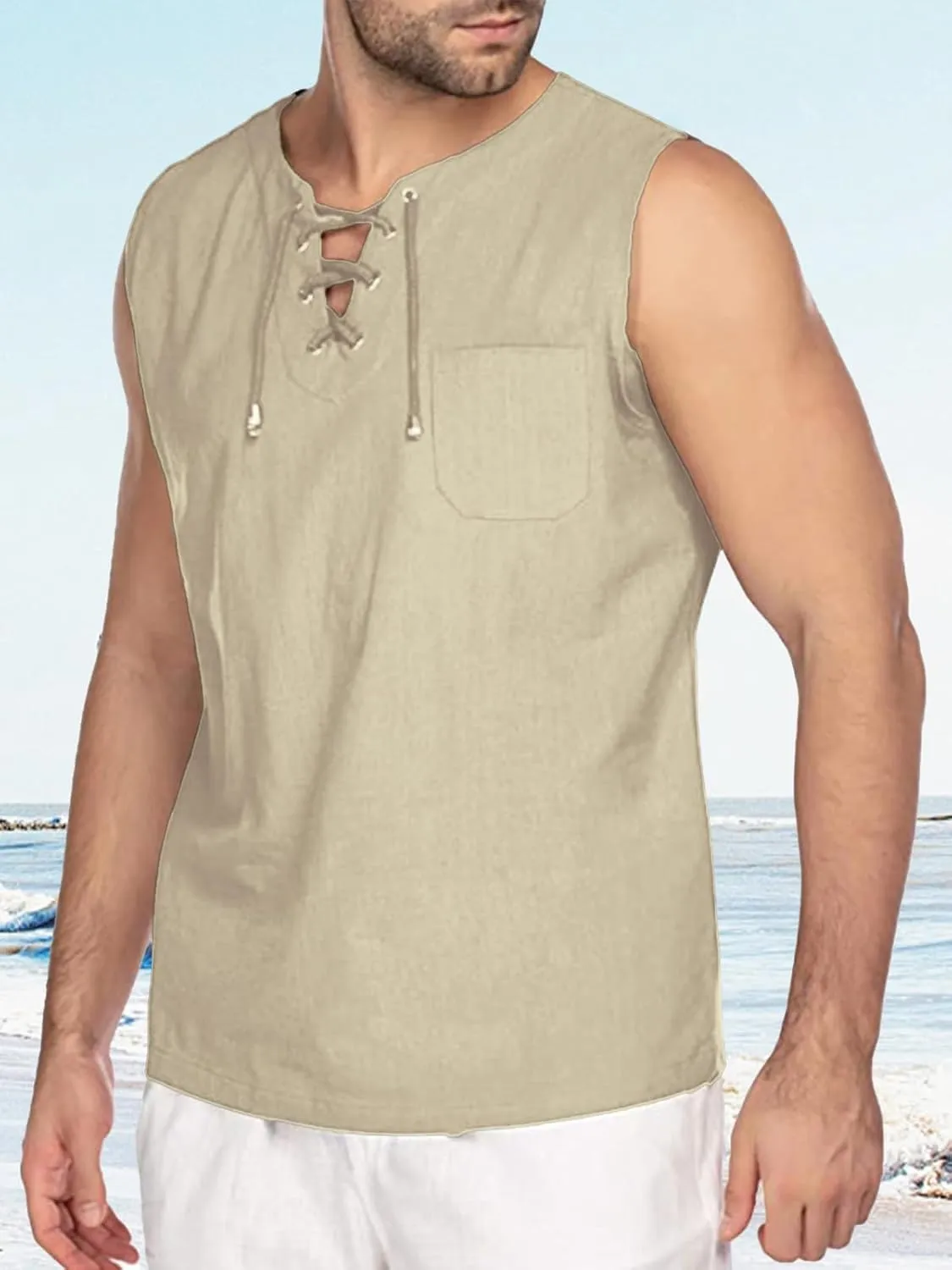 Men's Linen Tank Tops Summer Casual Sleeveless Shirts Lace Up Beach Hippie Tops Bohemian Tunic