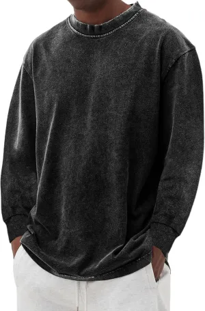 Men's Long Sleeve Shirts Vintage Oversized Distressed Washed T-Shirt Crewneck Cotton Tees Pullover Tops