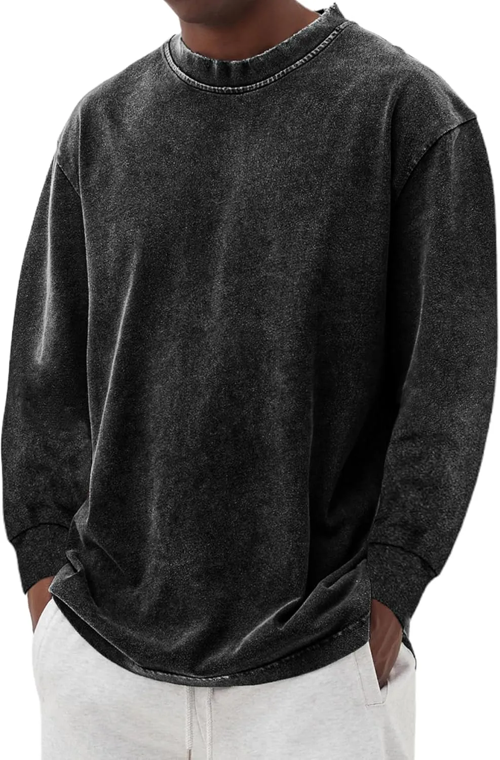 Men's Long Sleeve Shirts Vintage Oversized Distressed Washed T-Shirt Crewneck Cotton Tees Pullover Tops