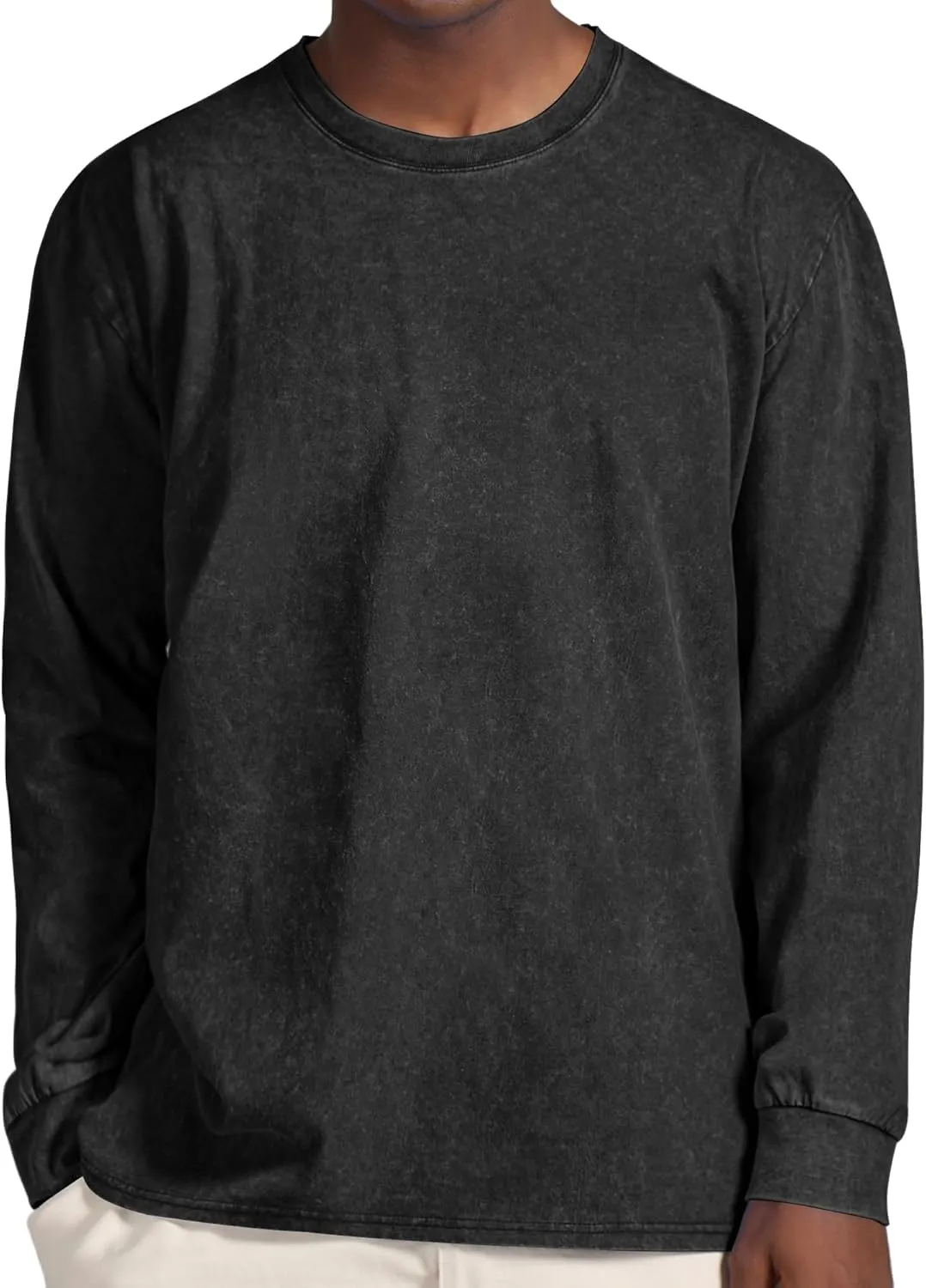 Men's Long Sleeve Shirts Vintage Oversized Distressed Washed T-Shirt Crewneck Cotton Tees Pullover Tops