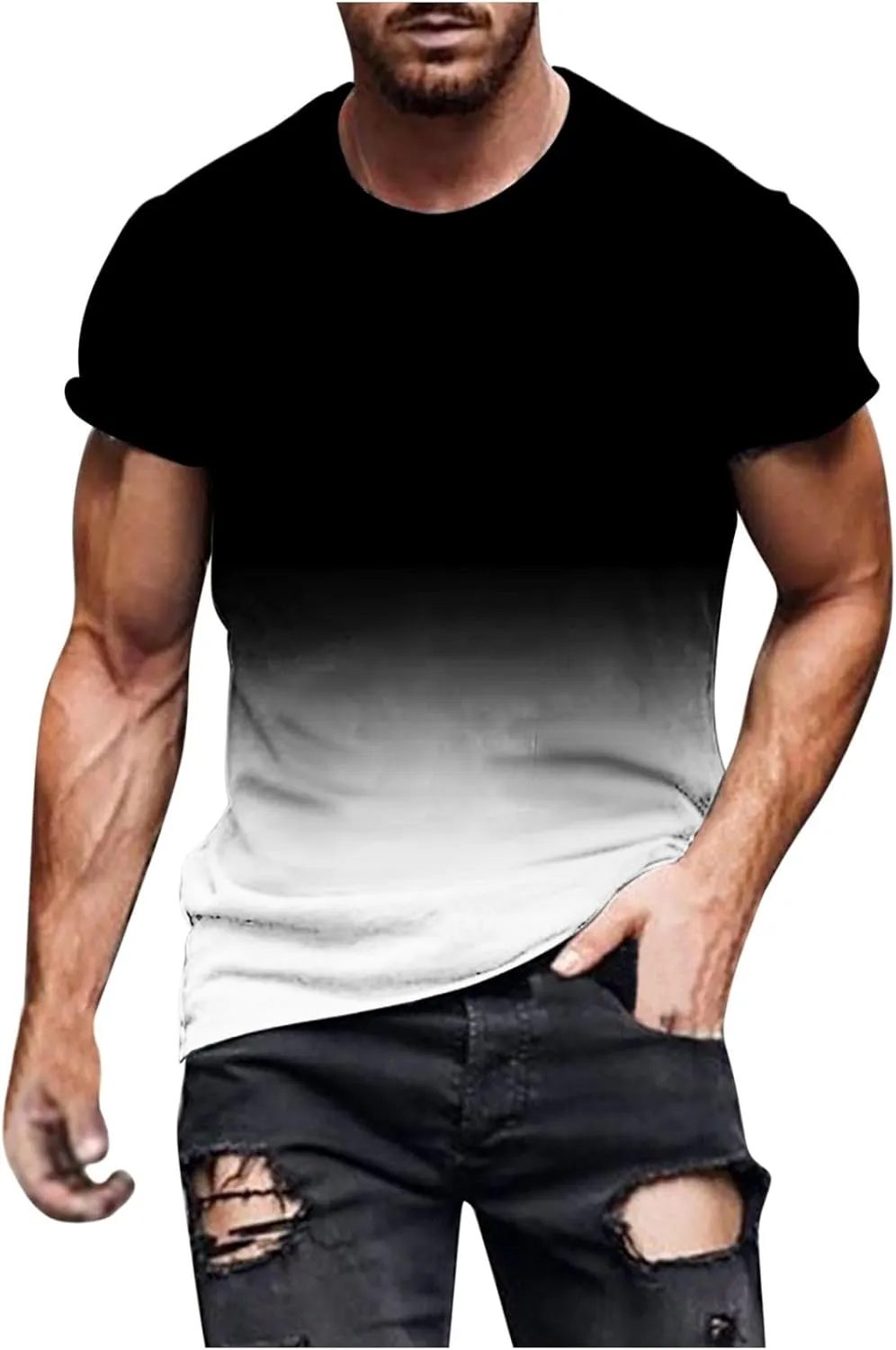 Men's T-Shirt Short Sleeve Performance Top Workout Muscle Fit Ombre Tee Quick Dry Athletic Gradient Active Shirts