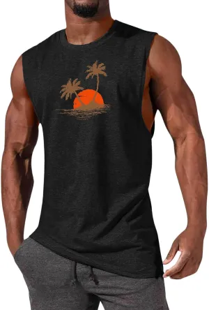 Mens Tank Tops Casual Summer Beach Vacation Hawaiian Graphic Muscle Gym Palm Tree Sleeveless Tee Shirts